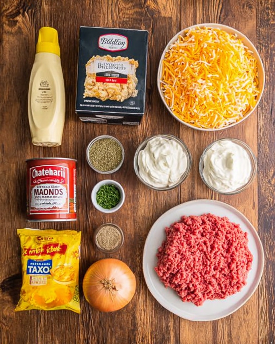 The image shows a wooden table with nine food items arranged neatly. At the top left, there is a yellow-topped white bottle of mayonnaise, next to a black box of cheddar bay biscuit mix with a picture of biscuits on it. To the right, a white bowl filled with shredded yellow and orange cheese sits. Below the mayonnaise, a white container of sour cream is placed beside two small seasoning containers: one with green parsley flakes and another with yellow seasoning. Next to these is a red can of fire-roasted diced tomatoes. At the bottom left, there is a bright yellow packet of taco seasoning mix. In the middle bottom, a whole onion rests, and to the right, a white plate holds a portion of raw ground meat with a bright pinkish-red color. The surface is white marbled texture. photo taken with an iphone --ar 4:5 --v 7