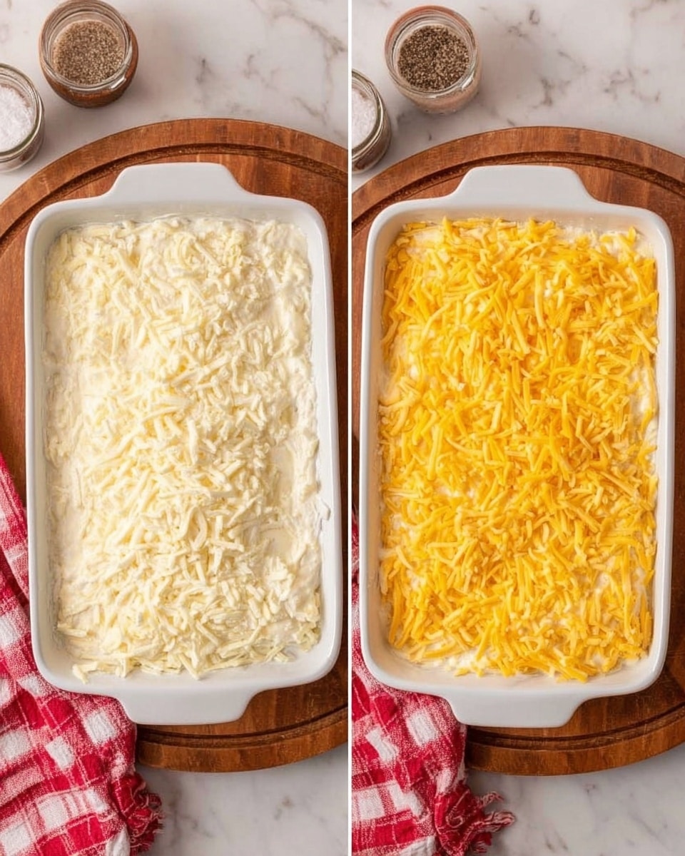 The image shows two white rectangular baking dishes placed side by side on a round wooden board over a white marbled surface. Both dishes have a thick top layer of shredded cheese covering the entire surface. The left dish has a layer of white shredded cheese with a creamy texture, while the right dish is topped with a bright yellow shredded cheese layer. A red and white checkered cloth is partially under the wooden board near the bottom left corner. In the background, there are two small containers with salt and pepper. A woman's hand is not visible but implied as in the instructions. photo taken with an iphone --ar 4:5 --v 7