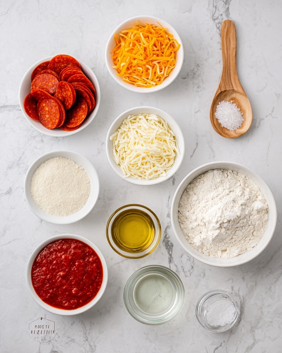 The image shows nine small white bowls and a small wooden spoon arranged on a white marbled surface. The bowls hold different ingredients: one with sliced pepperoni, one with shredded orange cheddar cheese, one with shredded white mozzarella cheese, one with white flour, one with red tomato sauce, one with dry yeast, one with granulated sugar, one with clear olive oil, and one with clear water. The wooden spoon contains a small amount of white salt. The ingredients are evenly spaced, and the photo is bright with soft shadows. photo taken with an iphone --ar 4:5 --v 7