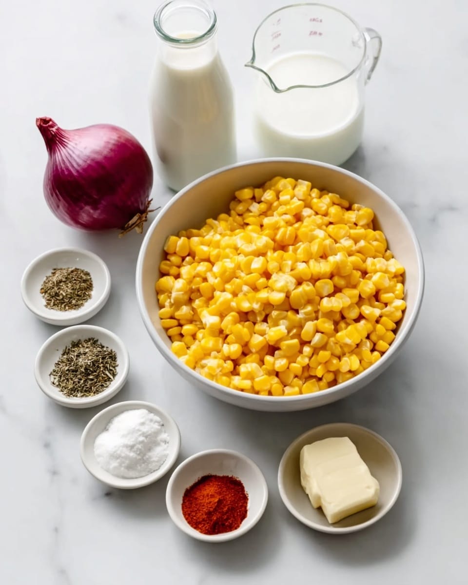 The image shows a white bowl filled with bright yellow cooked corn kernels placed on a white marbled surface. Behind the bowl, there is a clear glass measuring cup with white milk and a glass bottle filled with more milk. To the left of the bowl, there is a single purple shallot. In front of the bowl, there are five small white dishes arranged in a slight curve. From left to right, the dishes hold dried thyme, a mix of salt and black pepper, two pieces of butter, red paprika powder, and white cornstarch. A woman's hand is not visible but implied for arrangement. The overall look is clean and bright with simple layers mostly in yellow, white, purple, and light brown colors. photo taken with an iphone --ar 4:5 --v 7