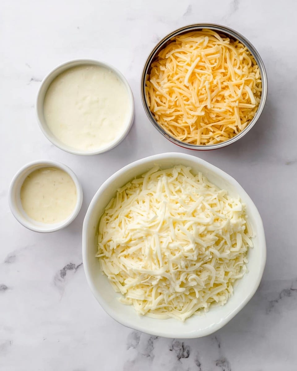 The image shows four bowls on a white marbled surface. The biggest white bowl at the bottom right is filled with a large amount of shredded white cheese with a soft texture. To the left of it, there is a smaller white bowl containing a creamy white sauce with a smooth texture. Above that bowl, there is another white bowl filled with shredded pale orange and light yellow cheese, with a thin and stringy texture. At the top right, there is an open can showing a thick, light yellow creamy substance inside. photo taken with an iphone --ar 4:5 --v 7