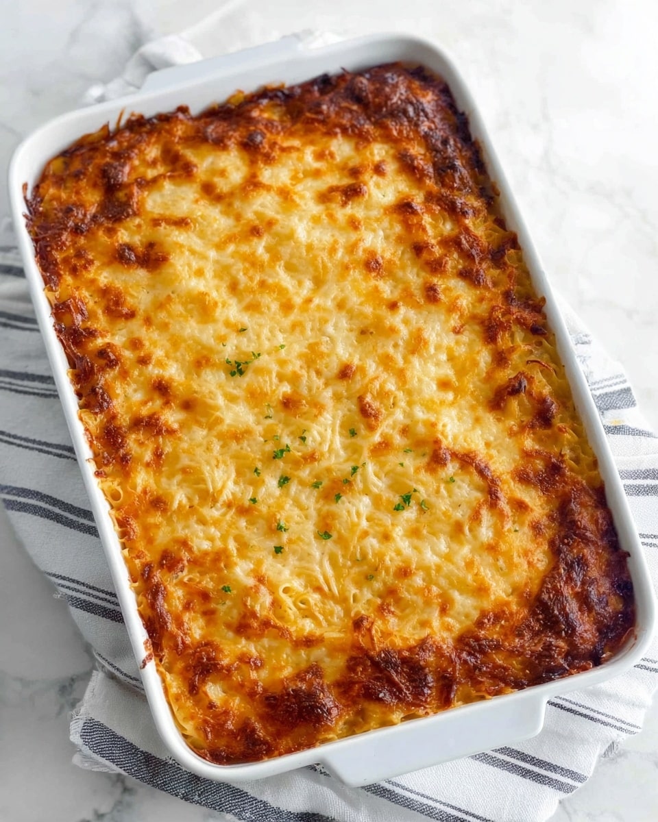 A rectangular white baking dish filled with a baked pasta casserole that has a golden brown, slightly crispy cheese layer on top, with some darker browned spots and visible melted shredded cheese strands evenly covering the surface. The dish is placed on a white cloth with thin gray stripes, against a white marbled surface. The casserole appears thick with a smooth, cheesy top layer, evenly cooked with a warm, inviting color. photo taken with an iphone --ar 4:5 --v 7