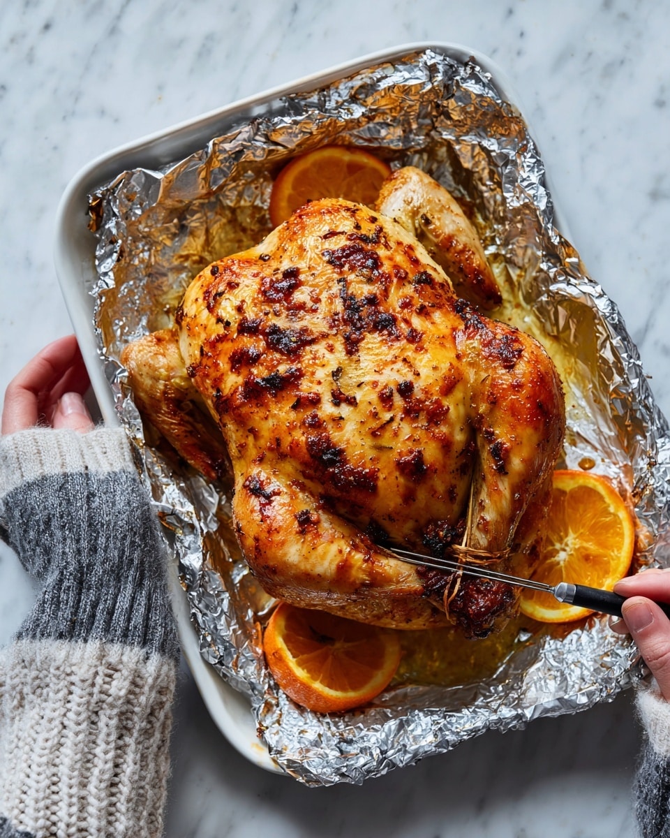 A whole roasted chicken with golden-brown, crispy skin rests on crinkled aluminum foil inside a white tray. The chicken is trussed with kitchen string and has two orange slices placed under the tied legs. A woman's hand wearing a striped gray oven mitt holds the tray on the left side, while another woman's hand uses a meat thermometer inserted into the thick thigh on the right side. The tray and chicken sit on a white marbled surface. Photo taken with an iphone --ar 4:5 --v 7