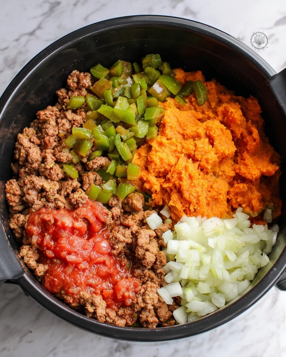 A black pot filled with five main layers: at the top right is browned ground meat mixed with chopped green bell peppers showing a textured, slightly crispy look; below it and towards the center is a bright orange mashed layer with a smooth texture; to the left of this is a chunky red tomato sauce with visible tomato pieces; and at the bottom right are finely chopped white onions and minced pale yellow garlic, both with a fresh and raw texture. The pot is sitting on a white marbled surface. photo taken with an iphone --ar 4:5 --v 7