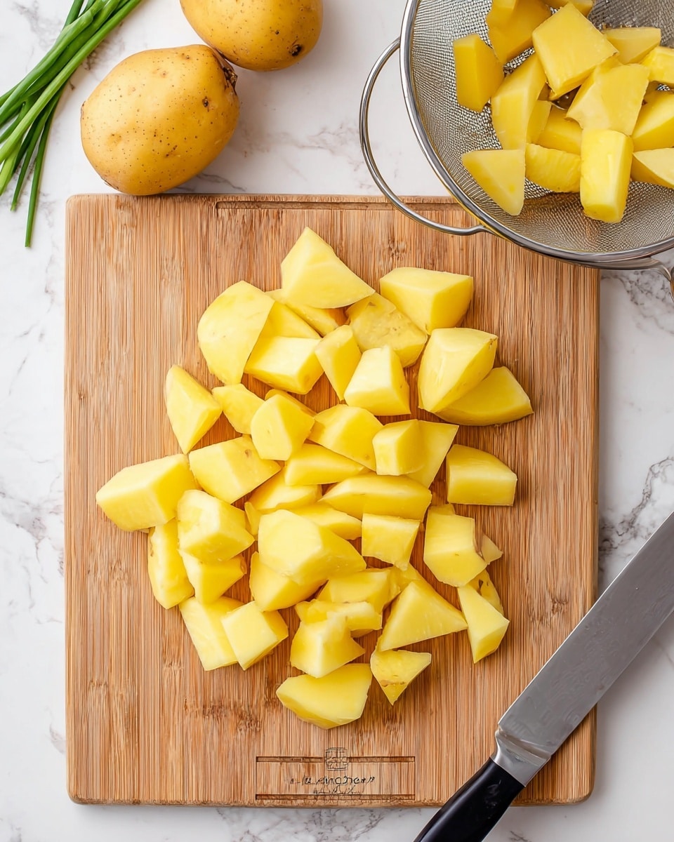 A light brown wooden cutting board filled with several large, peeled yellow potato pieces cut into uneven chunks and placed in the center. To the top left of the cutting board, there are two whole yellow potatoes with some green chives on a white marbled surface. On the top right corner, a metal colander with circular holes contains more peeled yellow potato chunks. A large silver knife with a black handle lies diagonally at the bottom right corner of the cutting board. The entire scene is set on a white marbled surface. photo taken with an iphone --ar 4:5 --v 7