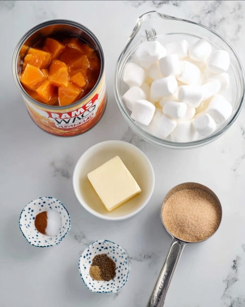 The image shows several ingredients placed on a white marbled surface. There is an open can with orange yams in syrup on the left side. Next to the can is a clear glass measuring cup filled with white marshmallows. In front of the marshmallows, there is a small white bowl holding a stick of butter in a little water. To the right, a metal measuring cup is filled with light brown sugar. In front and slightly to the left, there is a small white bowl with blue dots containing three small piles of spices in brown, dark brown, and white. The setup is neat and ready for cooking, photo taken with an iphone --ar 4:5 --v 7