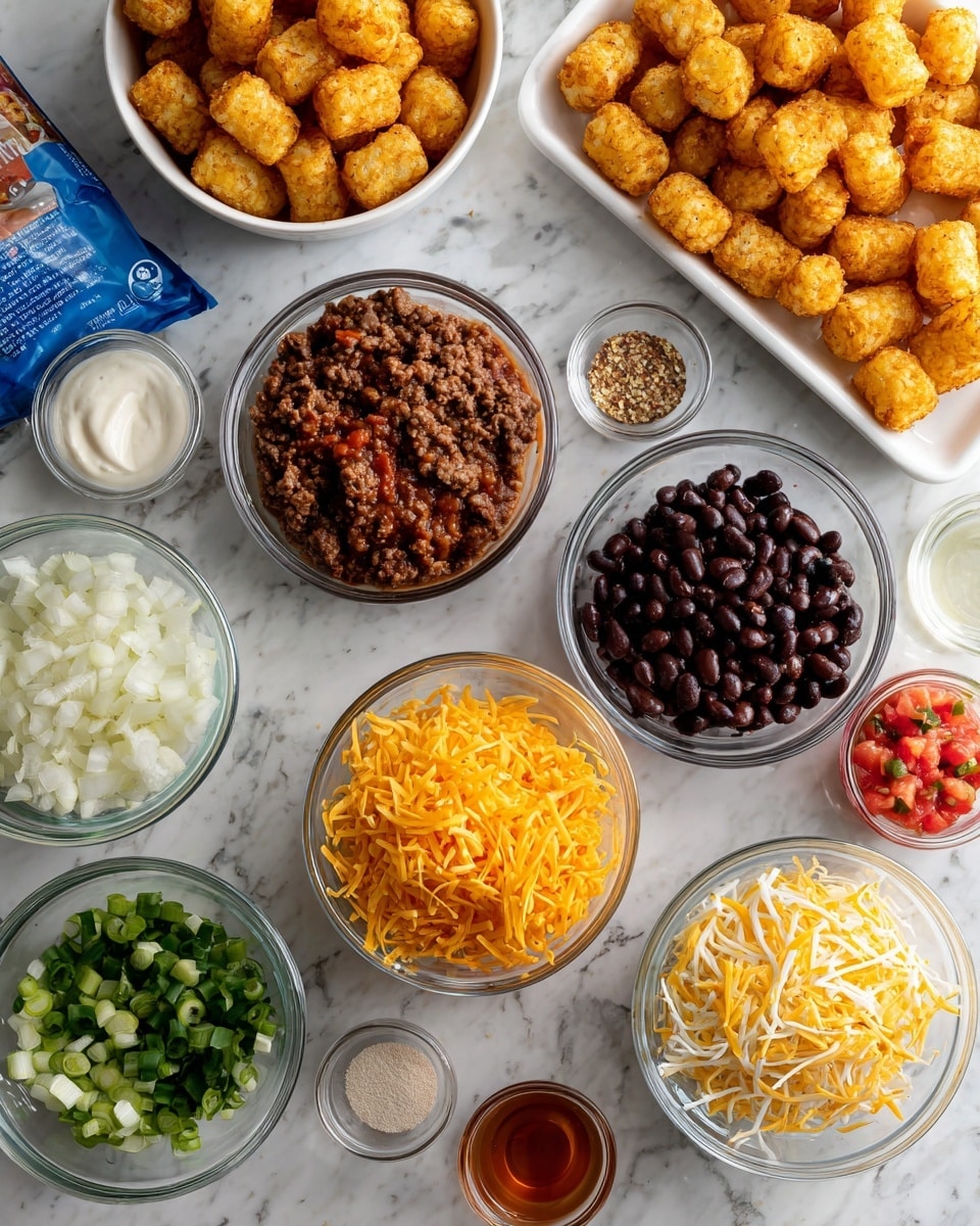 The image shows several small clear glass bowls and a white tray with raw ground meat arranged neatly on a white marbled surface. The bowls contain different ingredients including dark brown baked beans, white chopped onions, shredded bright orange cheddar cheese, black beans, light yellow corn kernels, salsa with chunks of tomatoes, green chopped peppers, a small bowl of white creamy sauce, a small bowl of light-colored powder seasoning, a small bowl of clear liquid, and a small bowl with a reddish-brown liquid. A blue bag of golden tater tots sits in the upper left corner. The colors vary from deep reds, bright yellows, and greens to black and white, all placed in a clean, bright setting. photo taken with an iphone --ar 4:5 --v 7