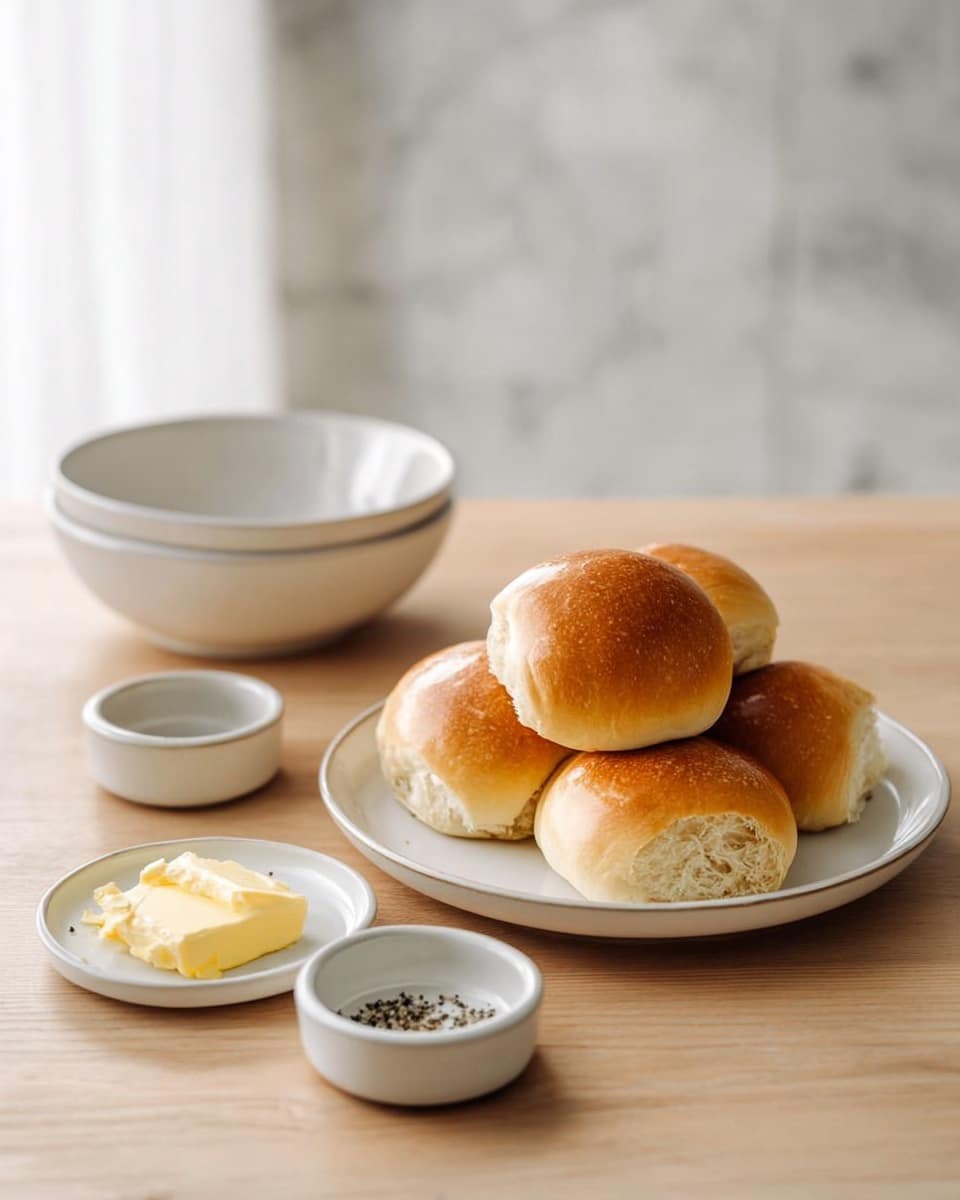 There is a white plate with six soft golden-brown bread rolls stacked in a small pile on the right side on a light wooden table with a white marbled texture in the background. Next to the plate, there is a small white round dish with a pat of pale yellow butter, and a smaller white round dish with black pepper. Behind these, there is an empty white bowl. The scene is lit softly from the side, creating a clean and warm feel. photo taken with an iphone --ar 4:5 --v 7