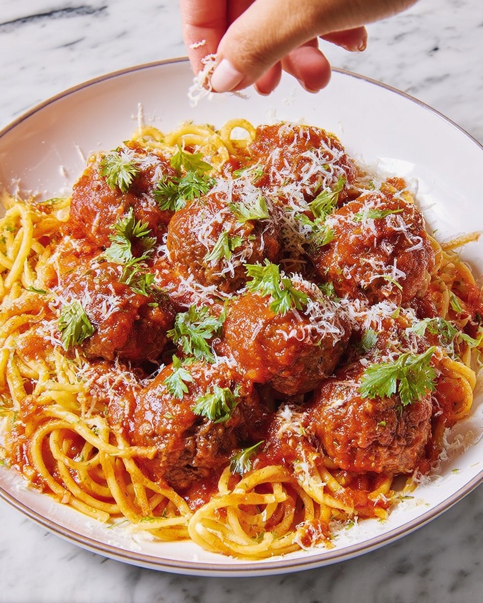 A white round plate holds a bed of golden-yellow spaghetti, lightly coated in a red tomato sauce. On top, there are seven large brown meatballs covered in the same tomato sauce, spread evenly over the pasta. Bright green parsley leaves are scattered across the dish, adding fresh spots of color. White grated cheese is sprinkled over the meatballs and pasta, giving a fine texture contrast. A woman's hand is pinching some cheese above the plate, about to add more. The plate sits on a white marbled surface. Photo taken with an iphone --ar 4:5 --v 7