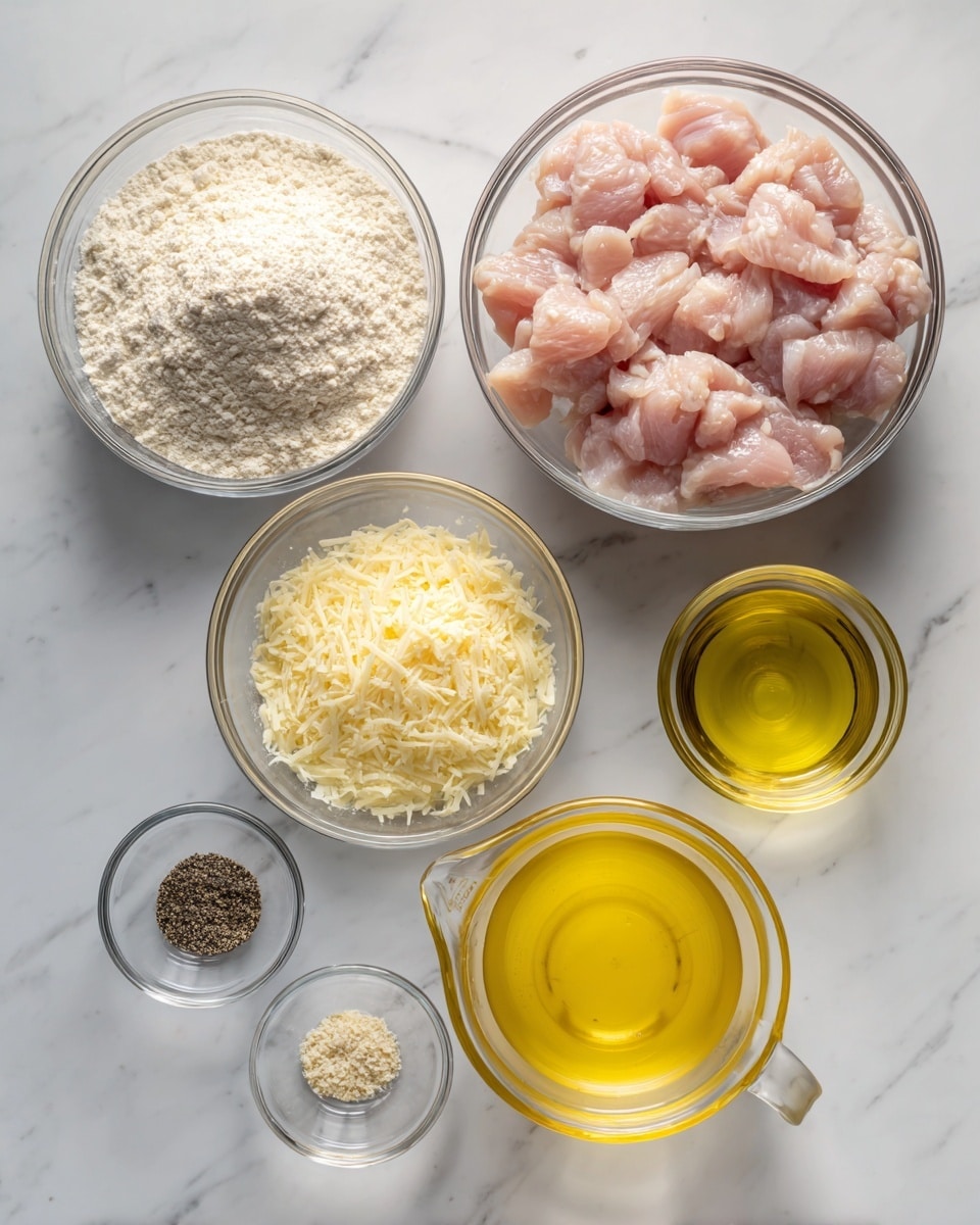 The image shows six clear glass bowls arranged on a white marbled surface. The largest bowl in the top right is filled with light pink raw chopped chicken pieces. Next to it on the top left is another large bowl filled with white flour. Below the flour bowl is a small bowl with finely grated pale yellow cheese. Below the cheese is a smaller bowl with black pepper. To the right of the pepper bowl is a medium bowl with beaten yellow eggs. Finally, to the right of the egg bowl is a glass measuring cup filled with light yellow cooking oil. All bowls are transparent, showing the texture and color of each ingredient clearly, photo taken with an iphone --ar 4:5 --v 7