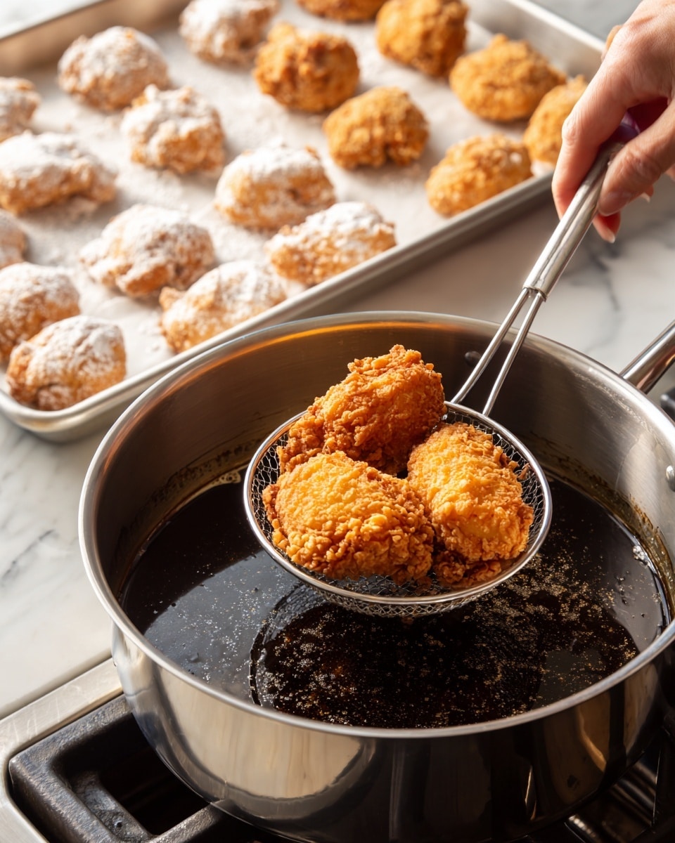 Two pieces of golden-brown fried chicken are held above a deep silver pot filled with dark hot oil on a silver slotted spoon. In the background, a silver baking tray holds many raw chicken pieces covered in a light flour coating. The scene is set on a stovetop with black grates, and a woman's hand is gently holding the metal spoon. The surface beneath is a white marbled texture. photo taken with an iphone --ar 4:5 --v 7