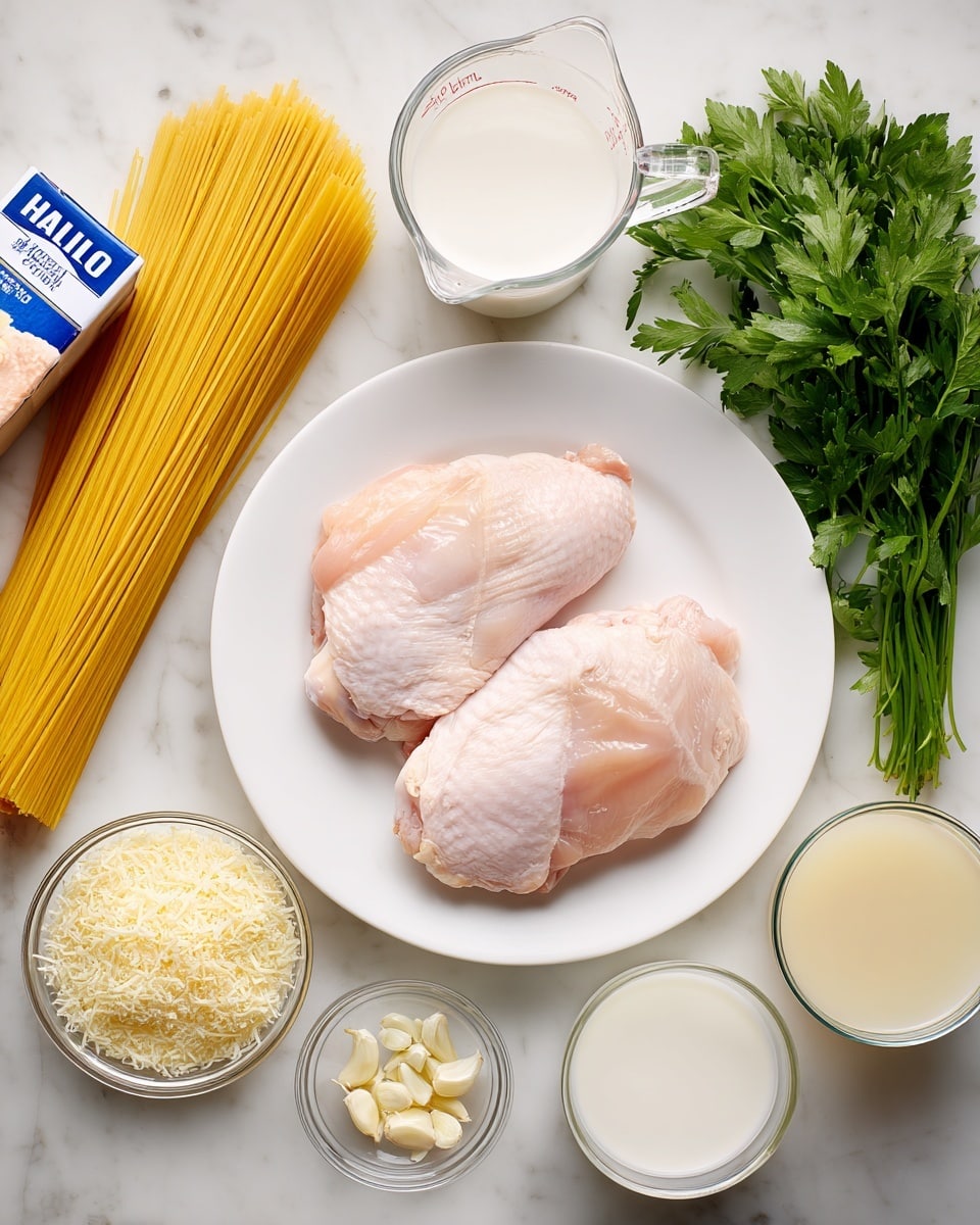 The image shows two raw chicken pieces placed in the center of a white plate, surrounded by ingredients for cooking. To the left of the plate lies a partly opened box of spaghetti pasta, showing the yellow noodles inside. On the bottom left corner is a small clear glass bowl filled with grated cheese. Below the plate is a tiny glass bowl holding minced garlic. Above the plate, there is a glass measuring cup filled with milk, and diagonally to the right of this cup is another glass measuring cup containing broth. Next to the broth cup is a bunch of fresh green parsley. Finally, near the bottom right of the plate, another smaller glass measuring cup holds cream. All items are arranged neatly on a white marbled surface. photo taken with an iphone --ar 4:5 --v 7