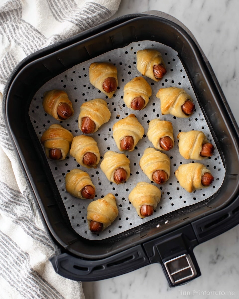 The image shows a black air fryer basket lined with a white perforated baking sheet, holding twelve small sausage rolls. Each sausage roll is wrapped in a golden brown dough that looks soft and slightly flaky, with the ends of the reddish-brown sausages peeking out. The rolls are evenly spaced inside the basket. A white cloth with thin gray stripes is partially visible in the background, resting on a white marbled surface. photo taken with an iphone --ar 4:5 --v 7