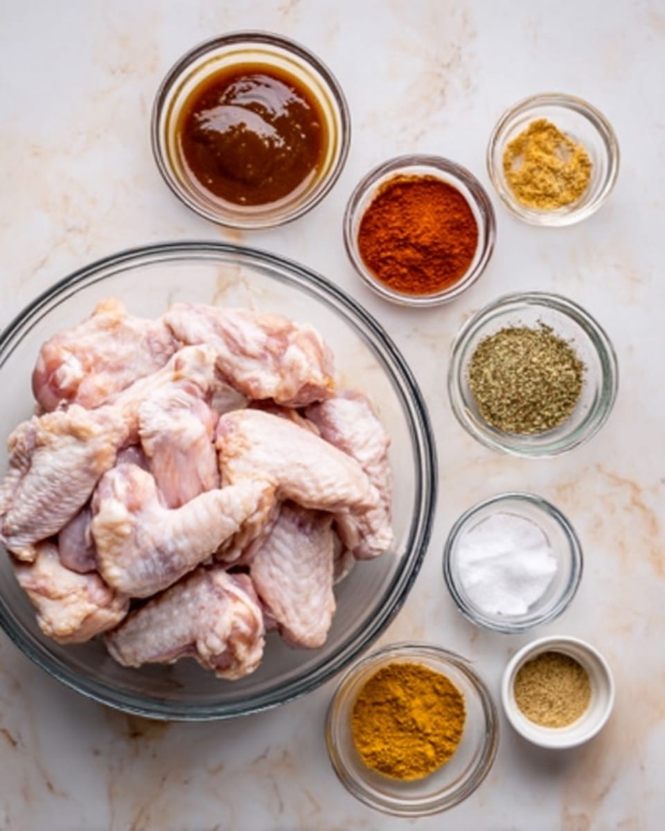 A large clear glass bowl filled with raw chicken wings, pale pink with some white fat, sits at the bottom left of the image on a white marbled surface. Surrounding the bowl are eight small clear bowls and white ramekins, each containing different spices and sauces: a smooth dark brown sauce, a reddish powder, a coarse yellow powder, a green herb powder, white salt, and a fine golden powder. The bowls are arranged neatly around the main bowl, showing a variety of textures and colors. photo taken with an iphone --ar 4:5 --v 7