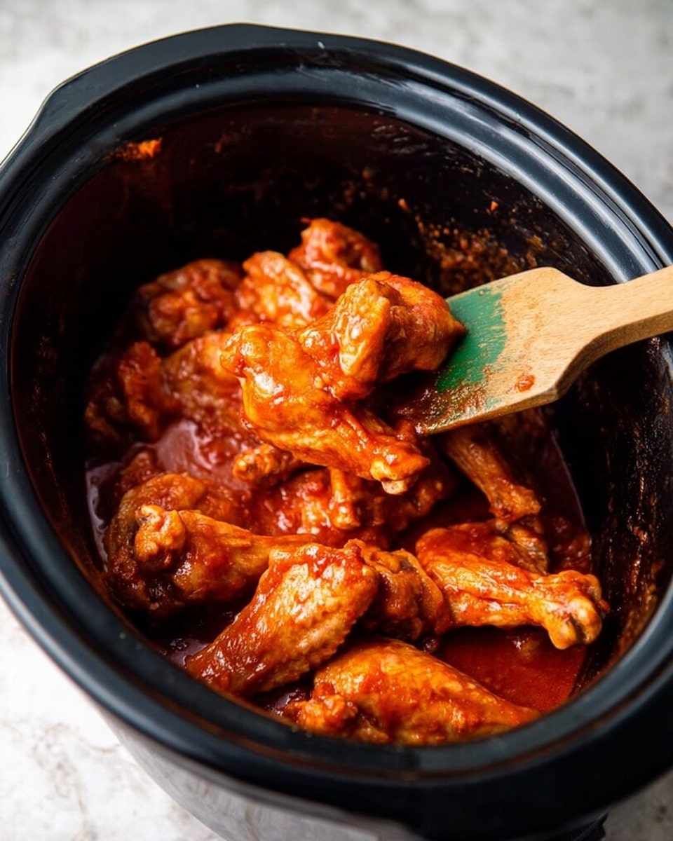 A close-up view of a black slow cooker filled with several pieces of raw chicken wings covered in a thick reddish-orange sauce. A wooden spatula with a green silicone tip is lifting some wings from the pile inside the cooker. The background is a white marbled surface. The lighting highlights the glossy texture of the sauce on the wings, showing the uneven but appetizing coating. Photo taken with an iphone --ar 4:5 --v 7