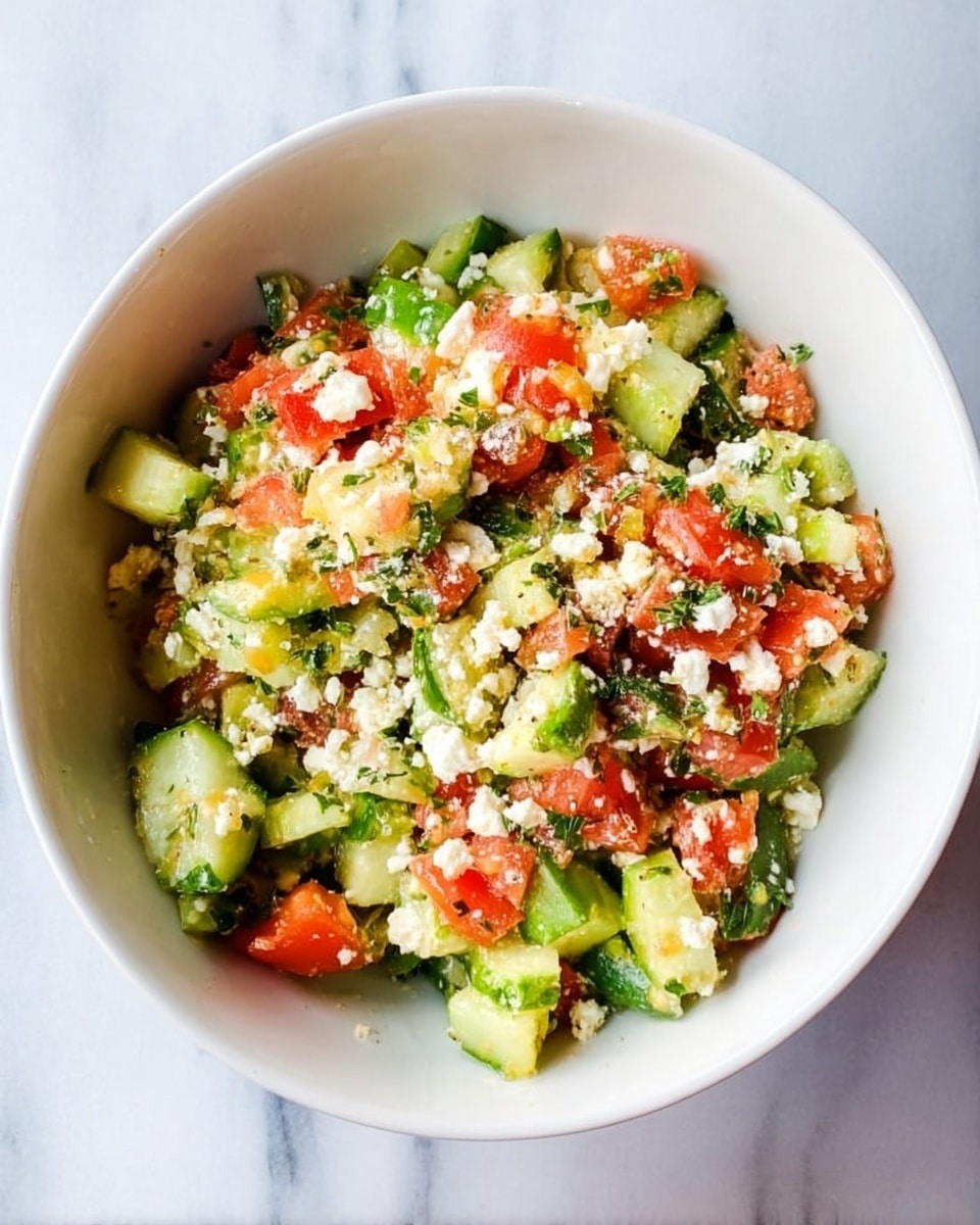 The image shows a white bowl filled with a fresh mixed salad. The salad has three visible layers of small chopped ingredients: bright green cucumber pieces, red tomato chunks, and white crumbled cheese sprinkled throughout. Small green herbs are mixed evenly, adding specks of darker green color. The ingredients look rough in texture and are loosely combined, resting inside the bowl. The bowl is placed on a white marbled surface. Photo taken with an iphone --ar 4:5 --v 7