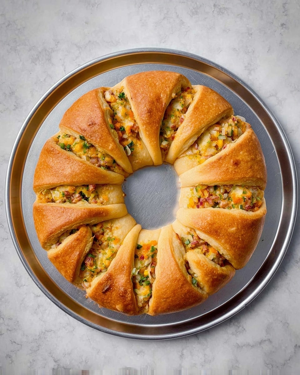 The image shows a round wreath-shaped bread with a golden-brown crust placed on a silver baking tray. The bread is divided into 16 triangular sections with each section twisted outward to reveal a colorful filling made of chopped vegetables and small meat pieces. The filling has green, orange, and light pink colors with a soft texture, contrasting with the crispy bread. The tray sits on a white marbled surface. photo taken with an iphone --ar 4:5 --v 7