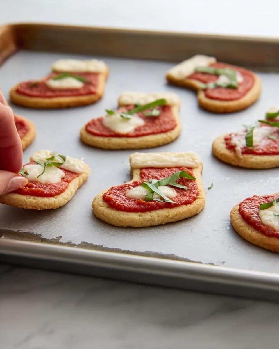The image shows small stocking-shaped cookies on a silver baking tray placed on a white marbled surface. Each cookie has three layers: the base layer is a light tan cookie dough with a smooth texture, topped by a thin layer of red tomato sauce covering most of the cookie, and finished with small pieces of melted white cheese scattered unevenly on top. Some of the cookies are garnished with thin sliced green basil leaves scattered across the tomato sauce layer, while others have only the cheese topping. A woman's hand is gently holding one of the cookies at the edge of the tray. Photo taken with an iphone --ar 4:5 --v 7