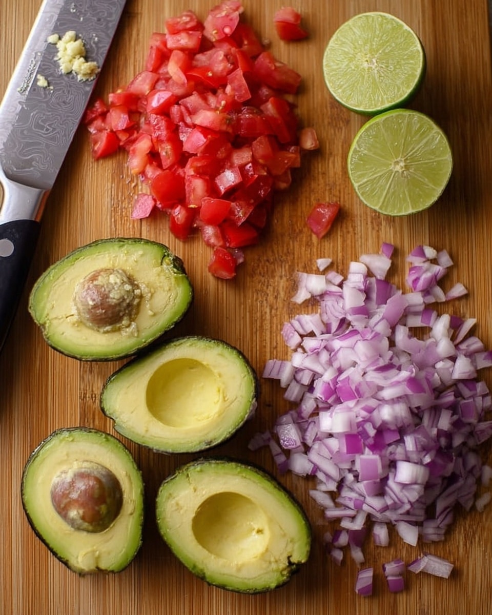 A wooden cutting board filled with four halved avocados showing smooth light green flesh and dark brown seeds in two halves, a pile of bright red diced tomatoes to the right, and a heap of finely chopped light purple onions to the left. At the top, two lime halves show a juicy pale green inside. A large knife with some minced garlic on the blade rests diagonally on the left side. The texture of the cutting board is smooth and wood-grained. photo taken with an iphone --ar 4:5 --v 7