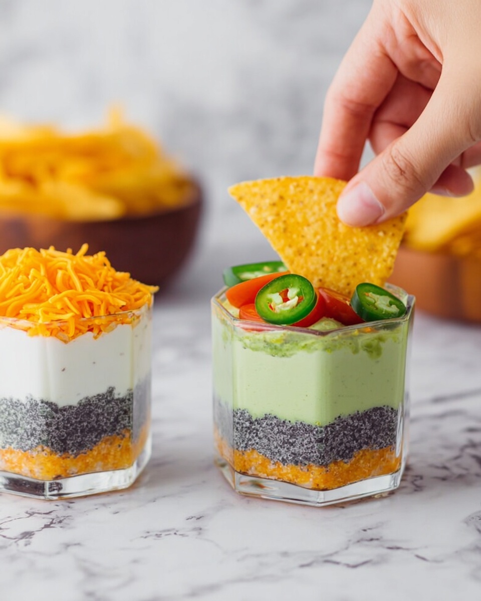 The image shows two clear hexagonal glasses filled with layered dip sitting on a white marbled surface. Each glass has three layers: a bottom dark grey or black layer with a coarse texture, a middle smooth light green layer, and a top thick white layer. The glass on the left is topped with a small heap of shredded bright orange cheese, and a woman's hand is placing more cheese on top. The glass on the right has the same three layers but is garnished with slices of green jalapeño, small pieces of red tomato, and shredded cheese on top, with a woman's hand holding a yellow tortilla chip dipping into it. In the background, there is a white marbled surface with blurred objects including a brown bowl of tortilla chips. Photo taken with an iphone --ar 4:5 --v 7