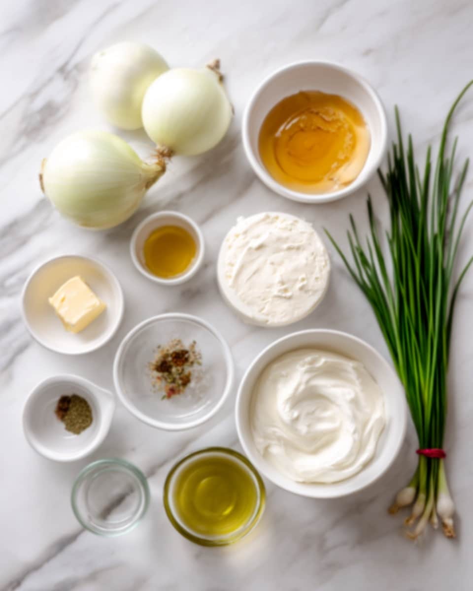 The image shows a white marbled surface with various cooking ingredients arranged neatly. At the top center, there are two whole white onions placed side by side. Below them and slightly to the left, a small white bowl holds a round pat of butter. Near it, a slightly larger white bowl contains a golden liquid, likely honey. To the right, there is a white bowl with a round piece of soft cheese in the middle. Below these, a bigger white bowl is filled with thick white cream, and a small round glass bowl holds mixed spices nearby. On the bottom side, a white bowl contains a clear liquid, possibly vinegar, while another white bowl with olive oil sits next to it. To the right side of the image, there is a bunch of green chives tied together with a red string. Photo taken with an iphone --ar 4:5 --v 7