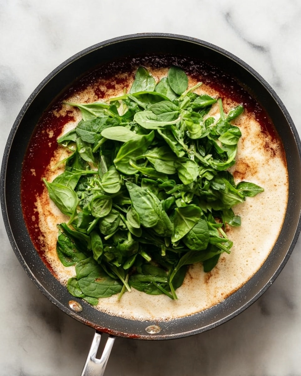 A black frying pan is shown from above resting on a white marbled surface. Inside the pan, there are three layers: a sauce layer covering about half the pan that is dark red with a slightly oily look, a beige foamy layer next to it, and a large pile of fresh green torn spinach leaves placed in the center and slightly overlapping both the sauce and foamy parts. The pan handle curves upward and is partially visible. Photo taken with an iphone --ar 4:5 --v 7