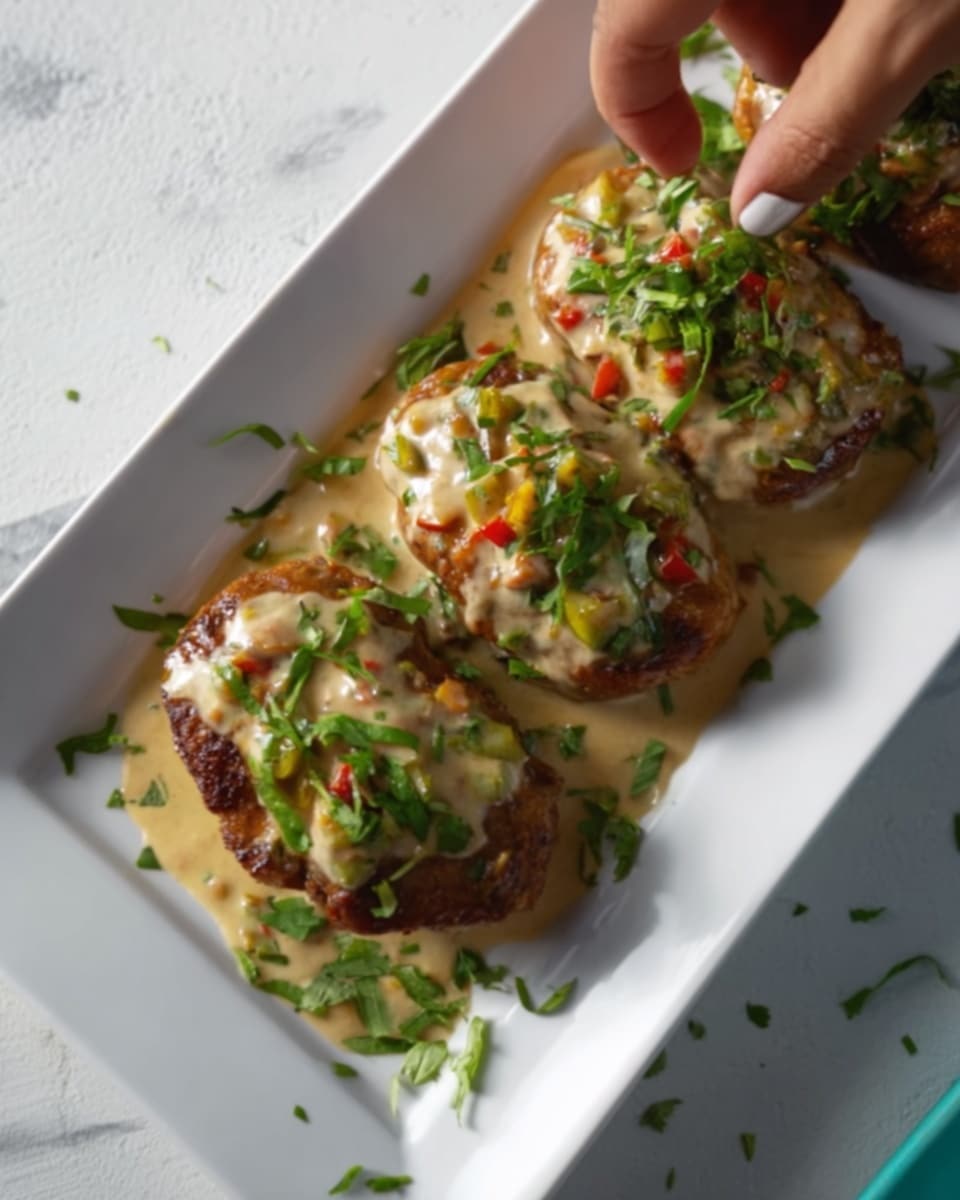 The image shows a white rectangular plate holding four browned patties shaped like small ovals, each topped with a creamy sauce mixed with small pieces of red and green vegetables. The sauce covers the top of each patty and drips slightly onto the plate. Fresh green herbs, roughly chopped, are sprinkled over all the patties and sauce, adding bright color contrast. A woman's hand is near the top left corner of the plate, about to pick up one of the patties. The plate sits on a white marbled surface with a soft light highlighting the texture of the sauce and herbs. Photo taken with an iphone --ar 4:5 --v 7