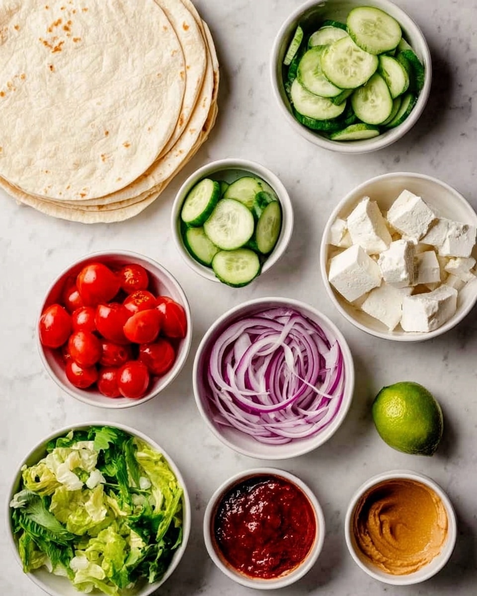 The image shows a white marbled surface with various small white bowls arranged neatly. In the center, there is a bowl with halved red cherry tomatoes, surrounded by bowls containing sliced cucumber, fresh white cheese pieces, sliced red onions, chopped green lettuce, a green lime, hummus, red sauce, and a golden brown sauce. A stack of white tortillas is placed on the left side of the frame. Everything looks fresh and colorful, creating a bright and clean composition. Photo taken with an iphone --ar 4:5 --v 7
