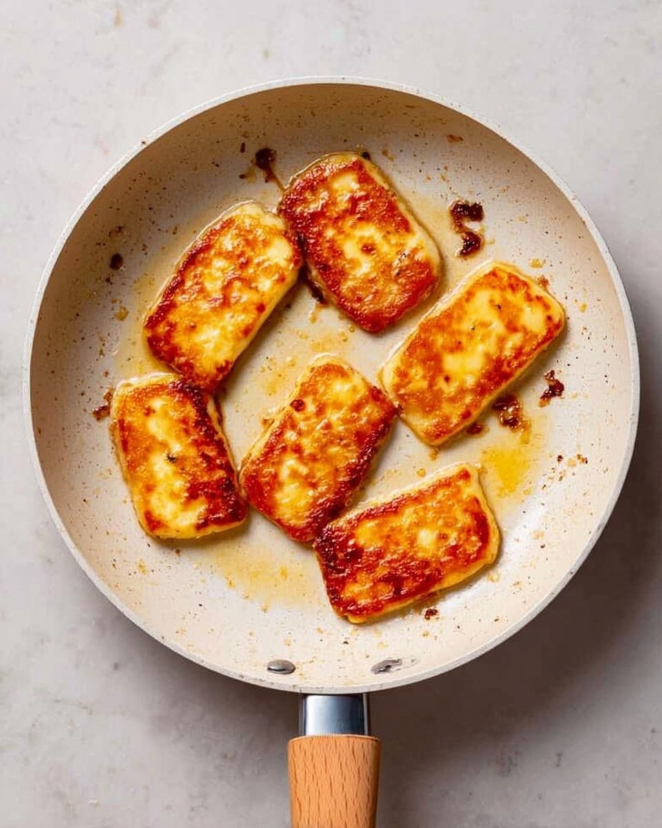 The image shows a white frying pan with a wooden handle placed on a white marbled surface. Inside the pan, there are eight rectangular slices of fried cheese with golden to slightly brown crispy edges and a soft, melted center. The cheese pieces have a shiny, oily coating and are scattered evenly across the pan's surface. The pan has light brown speckles, adding texture. The lighting highlights the crispy texture and golden color of the cheese slices. photo taken with an iphone --ar 4:5 --v 7
