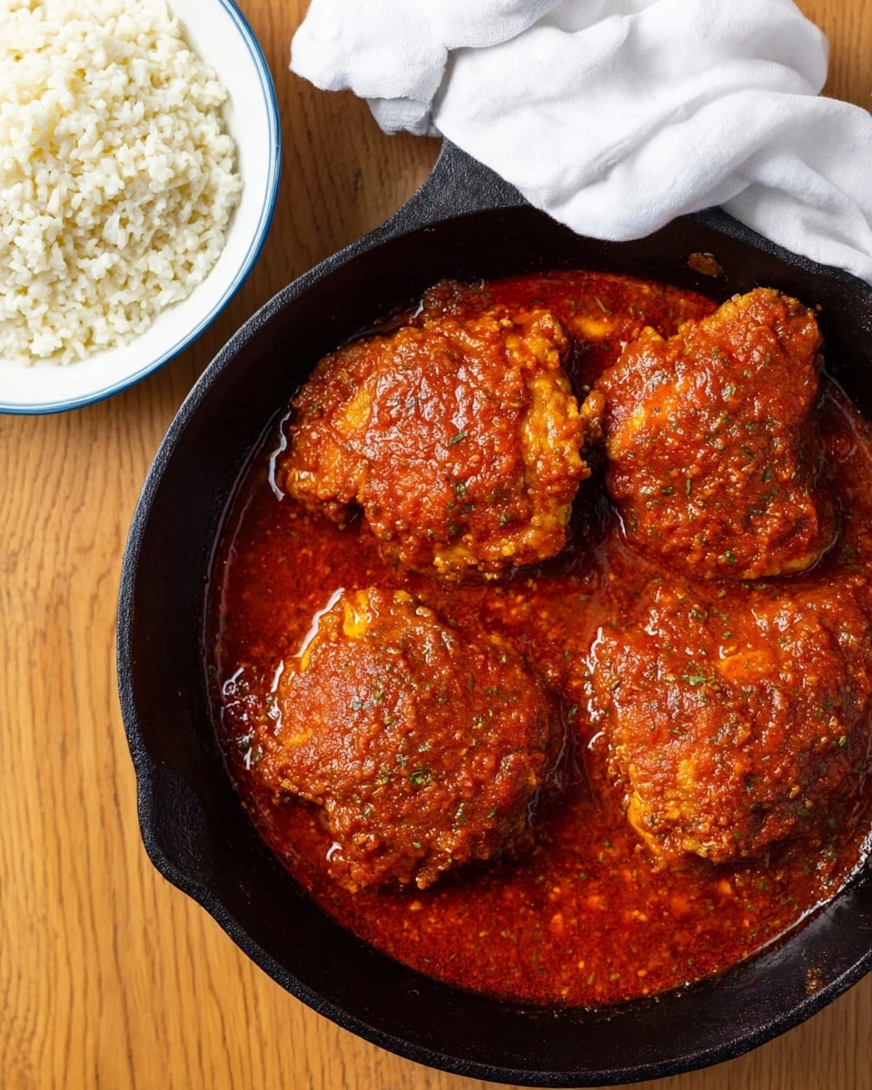 The image shows a black cast iron pan below the center filled with four large pieces of fried chicken covered in a thick, bright red sauce with a slightly chunky texture. The sauce glistens with oil and herbs and almost covers the chicken entirely, with reddish-orange oil pooling around the edges. To the lower right of the pan, there is a white bowl with a light blue rim filled with plain white rice that has a fluffy texture. The pan and bowl are placed on a wooden surface, and in the upper right corner, a white cloth napkin with soft folds is visible. photo taken with an iphone --ar 4:5 --v 7