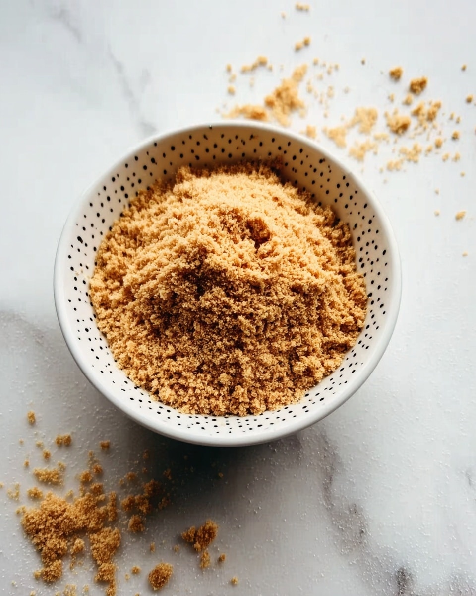 A white bowl with small black dots is filled with a mound of light brown, crumbly powder that looks soft and fine. A few crumbs of the powder are scattered on the white marbled surface around the bowl. The texture appears dry and grainy, with a warm golden tone. photo taken with an iphone --ar 4:5 --v 7