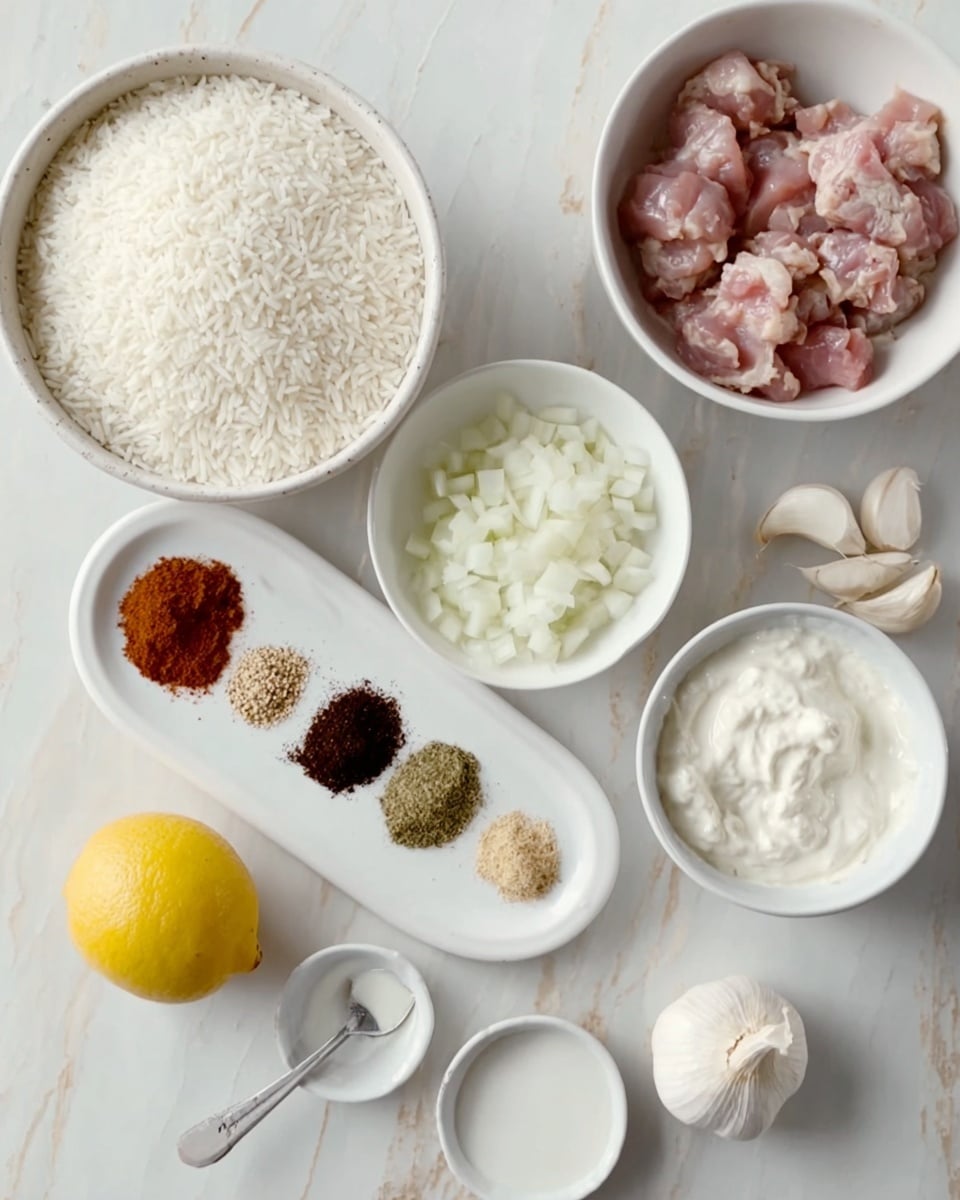 The image shows an overhead view of several white bowls and plates placed on a white marbled surface. There is a large white bowl filled with uncooked white rice in the top left. Below it, a white bowl contains chopped white onions. To the right, a white bowl holds raw pieces of light pink meat. Towards the top right, a small white bowl holds white creamy yogurt, and next to it is a small white bowl with a spoon containing more thick white creamy substance. Above these bowls, a white plate has some spices arranged in small piles: dark brown, reddish-brown, light beige, dark green, and black. There is also a white plate with a half lemon. Three cloves of garlic rest on the surface near the center. Photo taken with an iphone --ar 4:5 --v 7