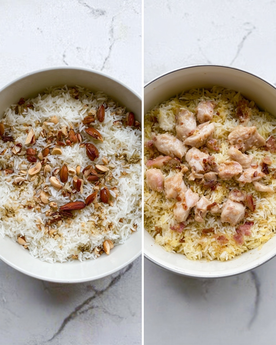 The image shows two white bowls side by side, both placed on a white marbled surface. The left bowl contains a dish with a base layer of white rice topped with slivered brown nuts scattered all around. The right bowl shows light yellow rice mixed with thin brown pieces scattered evenly, topped with several small pinkish pieces of cooked chicken, arranged mostly in the center. Photo taken with an iphone --ar 4:5 --v 7