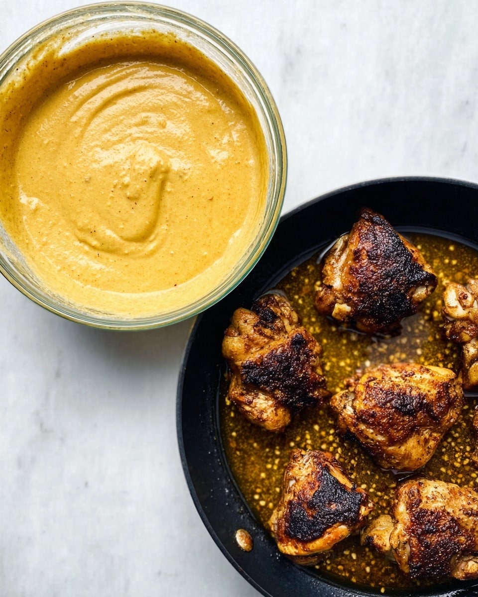 The image shows two main items side by side on a white marbled surface. On the left, there is a clear glass bowl filled with a thick, creamy, light orange-yellow mixture that looks smooth and rich. On the right, a black pan contains five browned and slightly crispy cooked chicken pieces with charred edges, resting on a small amount of oil with some whole spices like mustard seeds floating around. The contrast between the creamy mixture and the cooked chicken in the black pan creates a strong visual balance. photo taken with an iphone --ar 4:5 --v 7