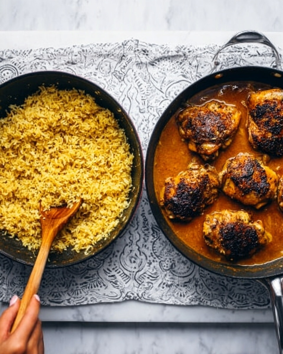 Two black pans are placed side by side on a white marbled surface. The pan on the left has cooked yellow rice with visible grains, and a wooden spoon held by a woman's hand is resting inside the pan. The pan on the right contains four pieces of cooked chicken with a browned, crispy skin, sitting in a rich orange-brown sauce. The background shows a subtle white patterned cloth underneath the pans. photo taken with an iphone --ar 4:5 --v 7