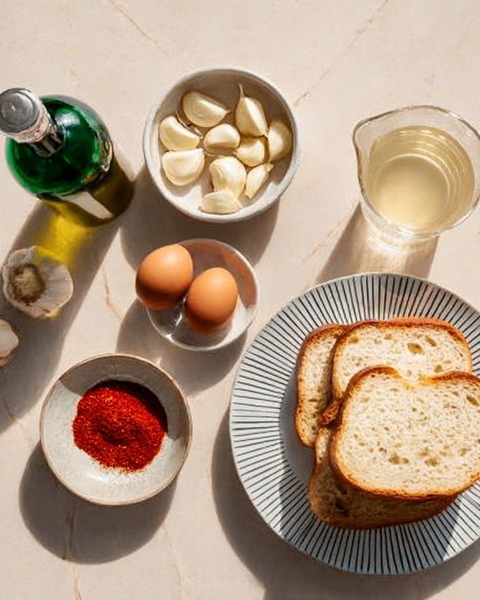 The image shows a top view of several ingredients arranged on a white marbled surface. There is a stack of four slices of light golden brown bread placed on a white plate with dark stripes in the bottom right corner. Above the bread plate, there is a small white bowl full of peeled garlic cloves. To the left of the garlic bowl, a small mound of bright red powder, likely paprika, sits in a shallow white bowl. On the bottom left side, there is a green glass bottle, likely olive oil, with a silver top. Above it, two whole brown eggs rest in a small white bowl. Near the center is a tall glass with a pale yellow liquid. At the top right, there is a clear glass pitcher with a beige liquid, possibly a sauce or dressing. The lighting creates soft shadows and highlights the textures of each ingredient clearly. Photo taken with an iphone --ar 4:5 --v 7