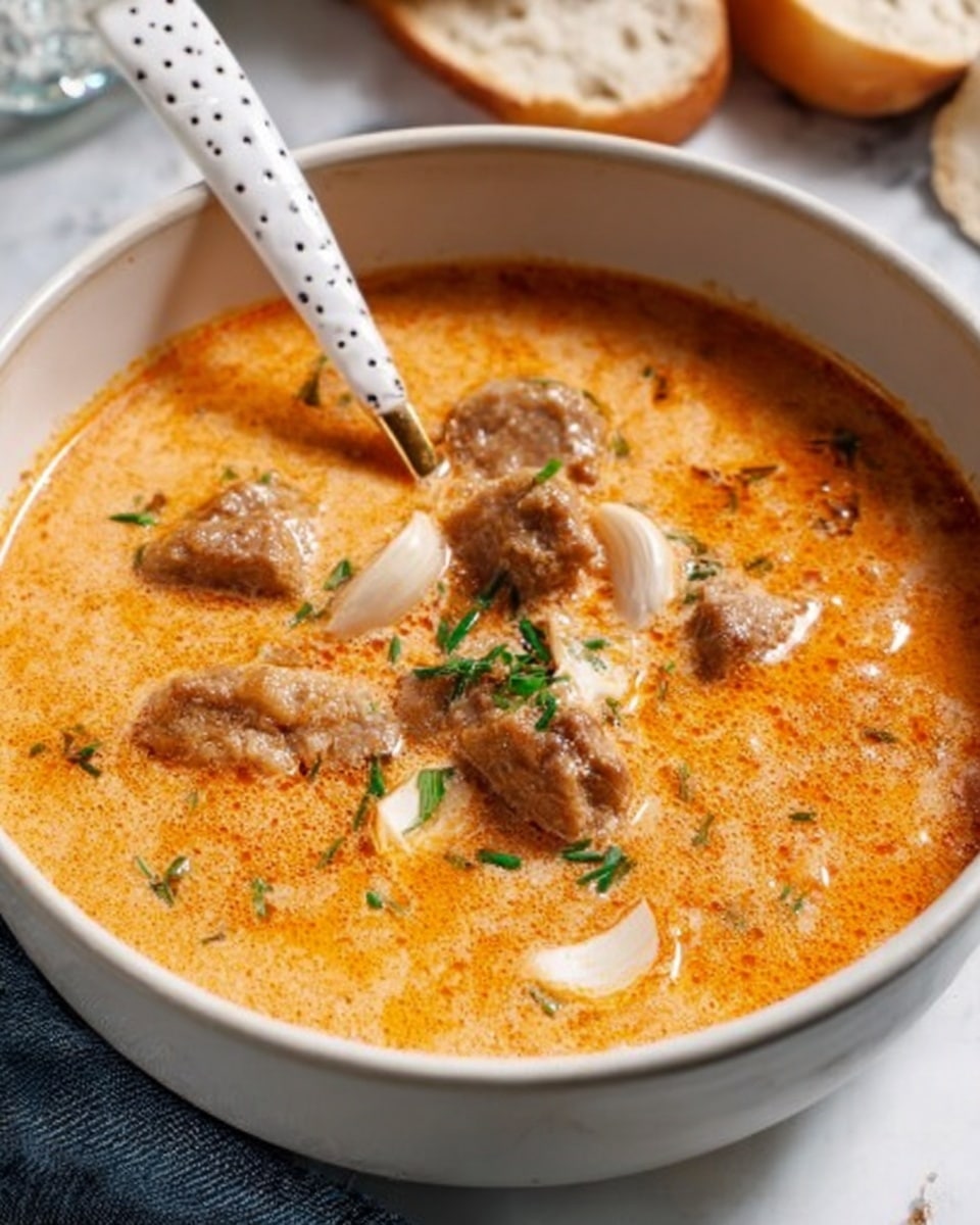 A close-up view of a bowl filled with creamy orange soup with small pieces of soft brown meat and white garlic slices floating on top. Some green herbs are sprinkled lightly over the surface, adding small pops of color. The soup is slightly textured with smooth and chunky parts blending together. A white spoon with black dots rests inside the soup, partly submerged. The bowl is white and sits on a white marbled surface, with a slice of bread placed nearby. Photo taken with an iphone --ar 4:5 --v 7