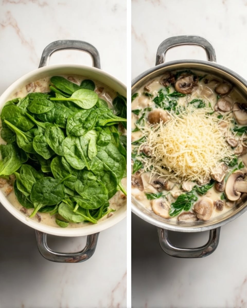 The image shows two white pots on a white marbled surface. The pot on the left is filled with creamy mushroom soup at the bottom layer, topped with a thick layer of fresh green spinach leaves covering the entire surface. The pot on the right shows the same creamy mushroom soup with visible slices of mushrooms and spinach mixed in, topped with a generous layer of light yellow grated cheese in the center. Both pots have metal handles. photo taken with an iphone --ar 4:5 --v 7