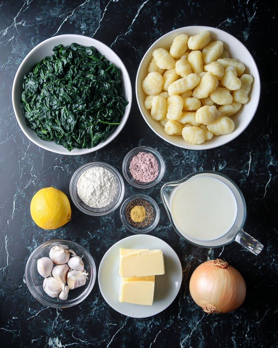 A collection of ingredients arranged neatly on a dark surface with a white marbled texture in the background, featuring a large white bowl filled with pale yellow gnocchi pieces at the top right; to its left, a medium white bowl packed with dark green chopped spinach; below the spinach bowl, a clear measuring cup filled with creamy white milk; to the right of the spinach, a small white dish holding two light yellow squares of butter; next to the butter, a small clear bowl with white flour; above the flour, a clear bowl containing mixed spices in various colors including pink, black, and red; further left, a yellow half lemon with visible pulp; near the lemon, three peeled garlic cloves and a whole onion with light brown skin; lastly, a small clear bowl of light yellow nutritional yeast sits near the milk, all items separated and organized clearly for cooking preparation, photo taken with an iphone --ar 4:5 --v 7