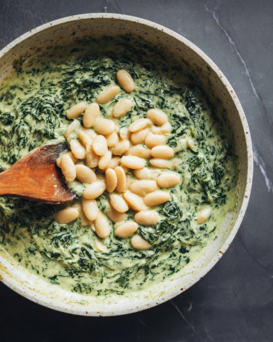 A close-up view of a light green creamy spinach sauce filling a white marbled pan, topped with plump, soft white beans piled in the center. The creamy spinach base looks smooth with tiny spinach bits visible throughout. A wooden spoon rests inside the pan, slightly covered by the sauce and beans. The pan is placed on a dark white marbled surface. Photo taken with an iphone --ar 4:5 --v 7