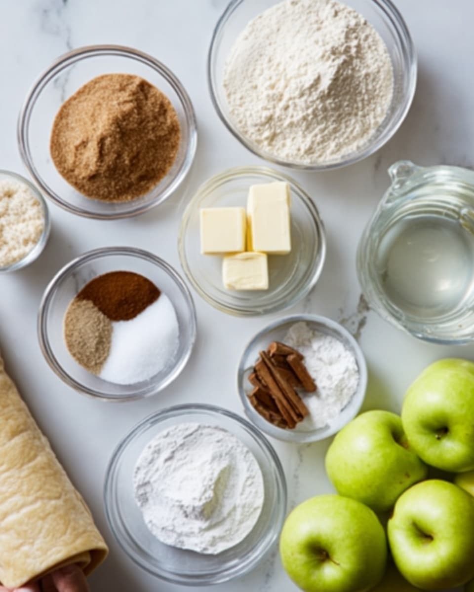The image shows several small clear glass bowls arranged on a white marbled surface. Each bowl contains different ingredients: one has brown sugar, another has white flour, one has a square piece of butter, and another is filled with white granulated sugar. A small white bowl holds three different spices in separate piles: cinnamon, nutmeg, and cloves. There is also a clear glass bowl with a transparent liquid, likely water, and a cluster of bright green apples piled next to a woman's hand holding a piece of rolled dough on the left side. photo taken with an iphone --ar 4:5 --v 7