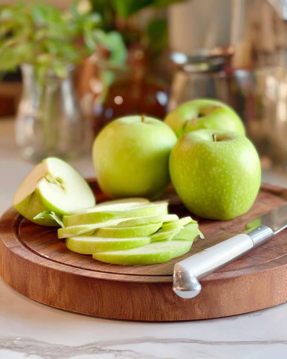 The image shows a wooden round cutting board placed on a white marbled surface with four green apples on it. Three apples are whole, showing a smooth and shiny light green peel, while one apple is peeled partially with its skin lying beside it. In front of these apples on the board are several evenly sliced, pale green apple wedges arranged neatly in layers. A knife with a white handle rests on the right side of the cutting board, with its blade pointing towards the apple slices. In the background, there are blurred kitchen items and plants, giving a cozy kitchen feel. Photo taken with an iphone --ar 4:5 --v 7