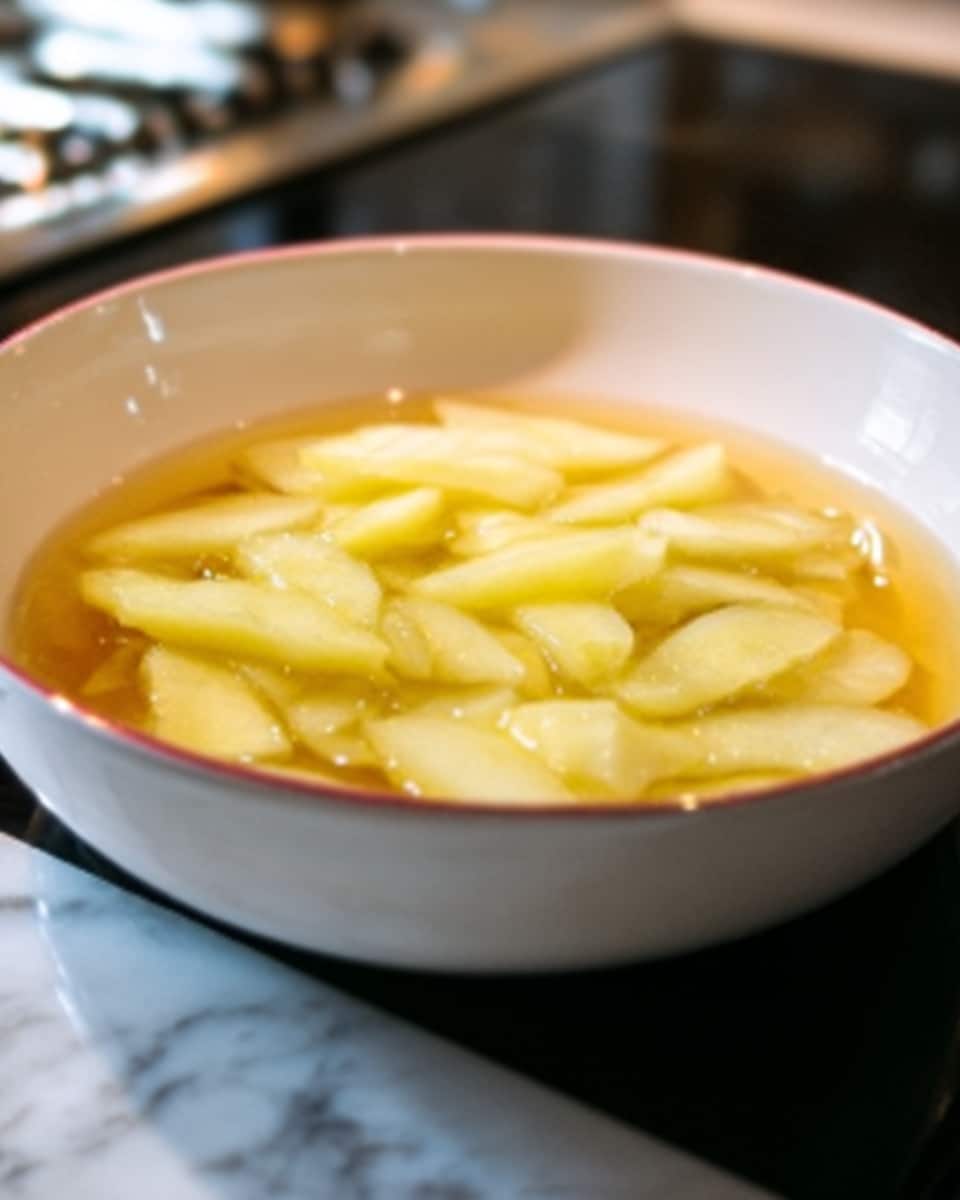 The image shows a shallow white bowl filled with yellowish, sliced fruit pieces soaked in a light syrup. The fruit slices appear soft and smooth, layered unevenly with some pieces overlapping each other, creating a slightly glossy texture from the syrup. The bowl sits on a white marbled surface, with a stove visible in the background, adding a casual kitchen setting. The lighting highlights the shine on the syrup and the pale yellow color of the fruit. Photo taken with an iphone --ar 4:5 --v 7
