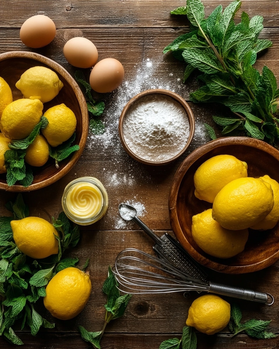 The image shows a wooden surface with bright yellow lemons, light brown eggs, and fresh green mint leaves arranged around the edges. There are two wooden bowls, one filled with whole lemons and mint, and the other holding lemons and eggs. A white powder, likely flour or sugar, is in a small brown bowl and scattered on the surface near a metal grater and a spoon. A small jar of yellow butter or cream and a metal whisk lie nearby. The colors are vibrant with the yellow lemons contrasting against the green leaves and brown wood. photo taken with an iphone --ar 4:5 --v 7