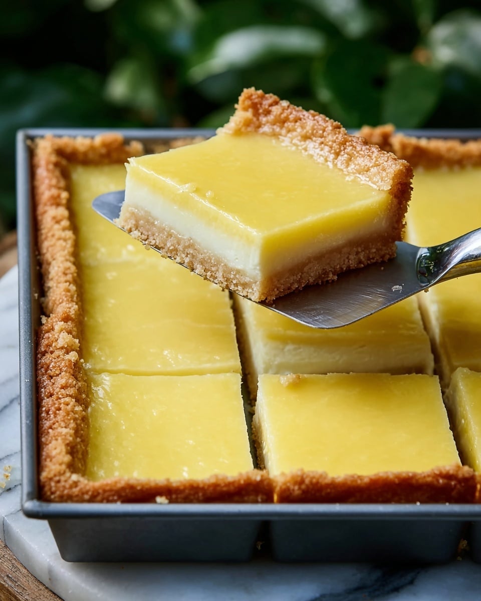 A square lemon bar dessert in a gray baking pan sits on a white marbled surface. The lemon bar has two visible layers: a thick, crumbly golden brown crust at the bottom and sides, and a smooth, glossy pale yellow lemon layer on top. Four square pieces are cut neatly inside the pan, with one piece being lifted by a shiny metal spatula, showing the clean separation between layers. The crust edges are raised and textured, contrasting with the soft, creamy lemon top. The background is blurred green foliage, giving a fresh outdoor feel. Photo taken with an iphone --ar 4:5 --v 7