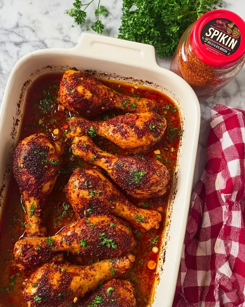 A white roasting pan filled with seven cooked chicken drumsticks, each coated with a dark reddish brown spice mix and garnished with small green parsley pieces. The chicken pieces sit in a pool of reddish oil and sauce that slightly bubbles around them. The pan is placed on a white marbled surface, next to a jar of bright red spice mix and a red and white checkered cloth on the right side. Some fresh green parsley is also visible near the cloth. photo taken with an iphone --ar 4:5 --v 7