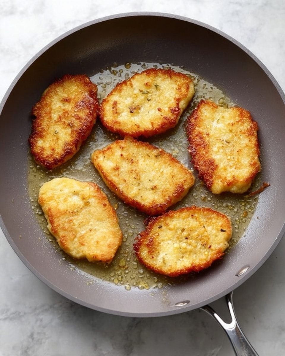 The image shows seven golden brown slices of fried food arranged inside a gray pan with a metal handle. Each slice has a slightly different shape but is mostly oval, with a crispy texture visible on the surface. Some slices have a darker brown edge, indicating they are more cooked, while others are lighter yellow with a soft look. The pan has a few shiny spots of oil around the slices, reflecting light softly. The background is a white marbled surface. Photo taken with an iphone --ar 4:5 --v 7