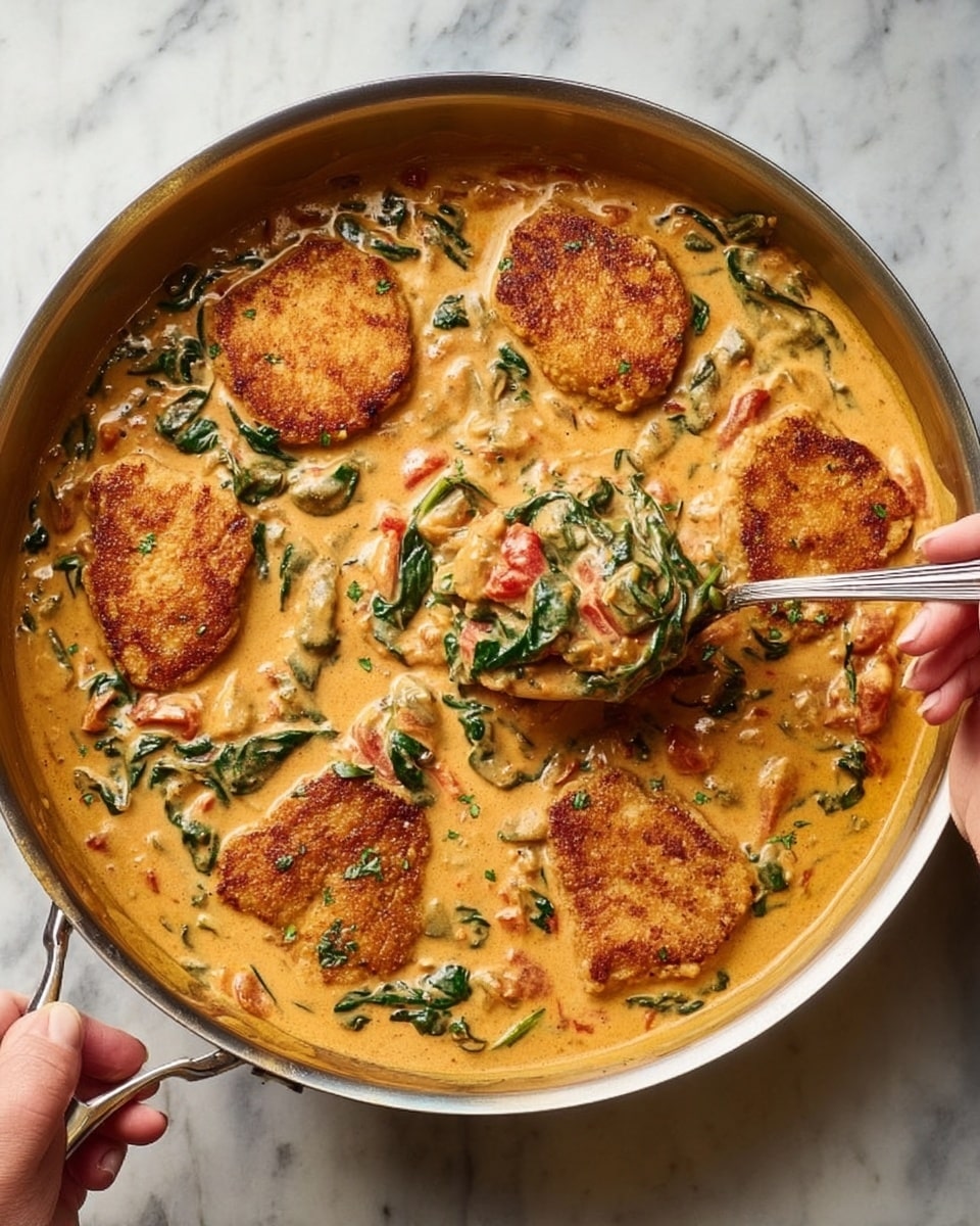 A large silver pan contains a creamy orange sauce filled with green spinach leaves and bits of red tomatoes. On top of the sauce, seven golden-brown fried pieces shaped like hunks of chicken are evenly spread across the pan. A woman's hand holds a silver spoon scooping up some sauce with spinach and tomato bits from the middle of the pan. The pan sits on a white marbled surface. Photo taken with an iphone --ar 4:5 --v 7