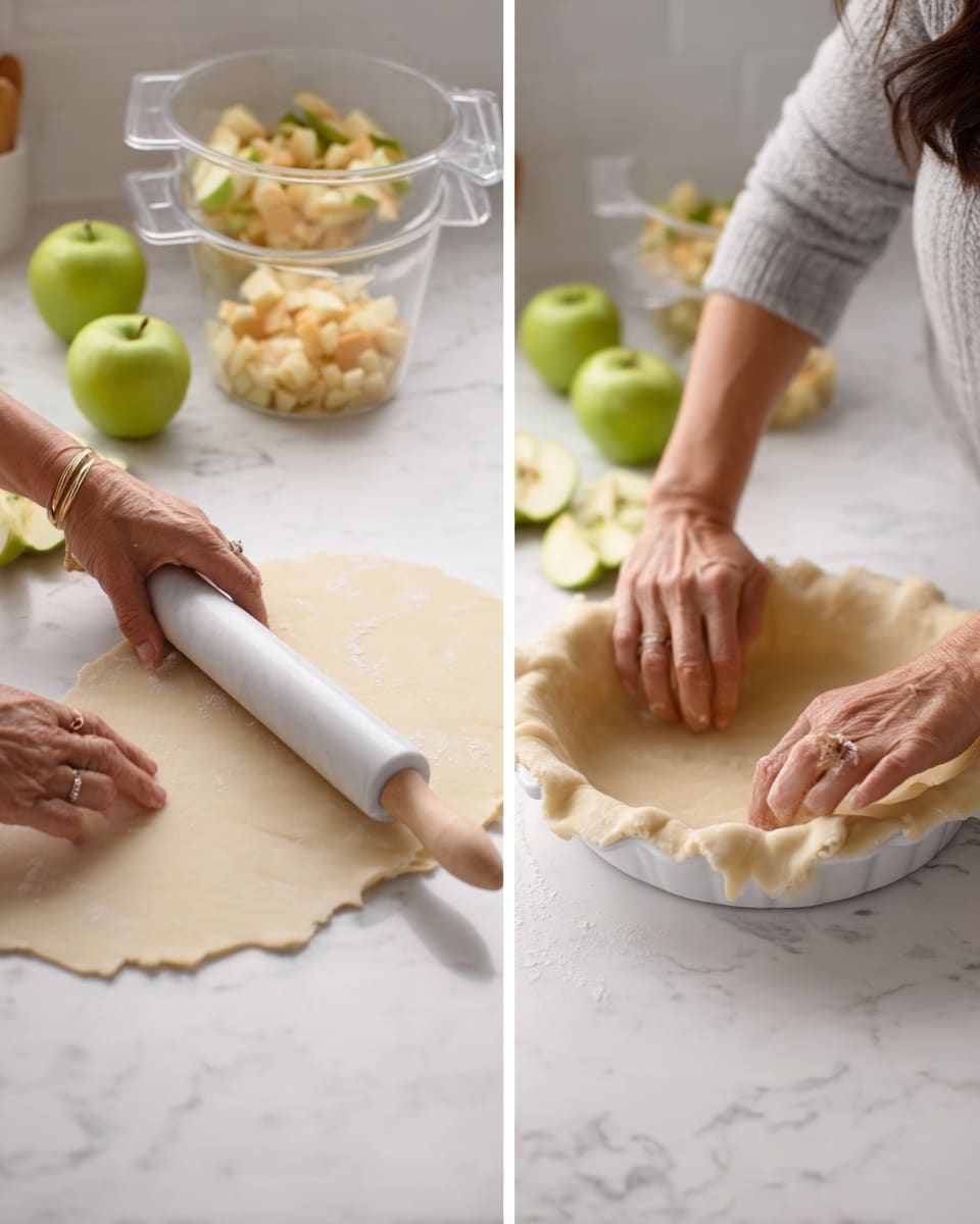 The image shows two close-up scenes of preparing an apple pie crust on a white marbled surface. On the left, a woman’s hands roll out light beige dough with a marble rolling pin; in the background, two transparent measuring cups hold chopped apples, with three green apples nearby. On the right, the woman’s hands are shaping the dough inside a white pie dish, with the dough edges loosely hanging over the sides. The background elements remain the same with apples and apple pieces visible. Photo taken with an iphone --ar 4:5 --v 7