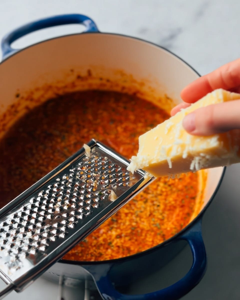 The image shows a close-up of a white pot with a blue handle on a white marbled surface. Inside the pot, there is a thick orange-red sauce with specks of herbs and spices. In the foreground, a woman's hand is holding a wedge of pale yellow cheese and rubbing it against a shiny metal grater with a black handle. Small bits of cheese cling to the grater, and some have fallen into the sauce. The focus is on the action of grating cheese into the simmering sauce. photo taken with an iphone --ar 4:5 --v 7